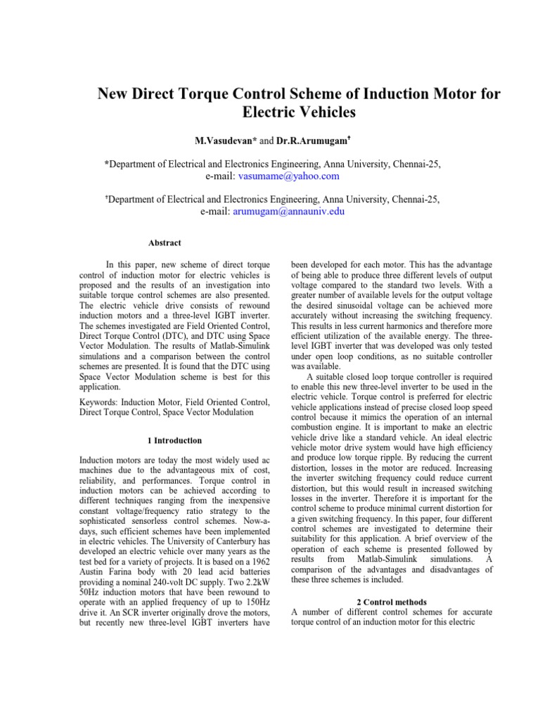 New Direct Torque Control Scheme of Induction Motor For Electric ...