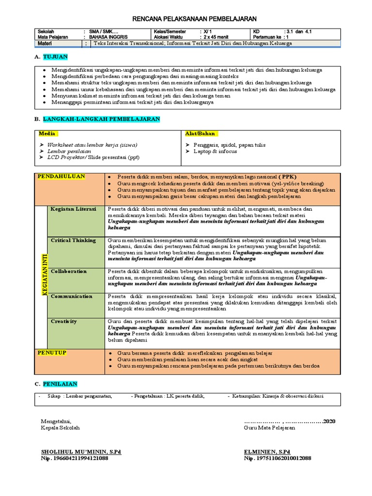 RPP Bahasa Inggris SMA/SMK | PDF