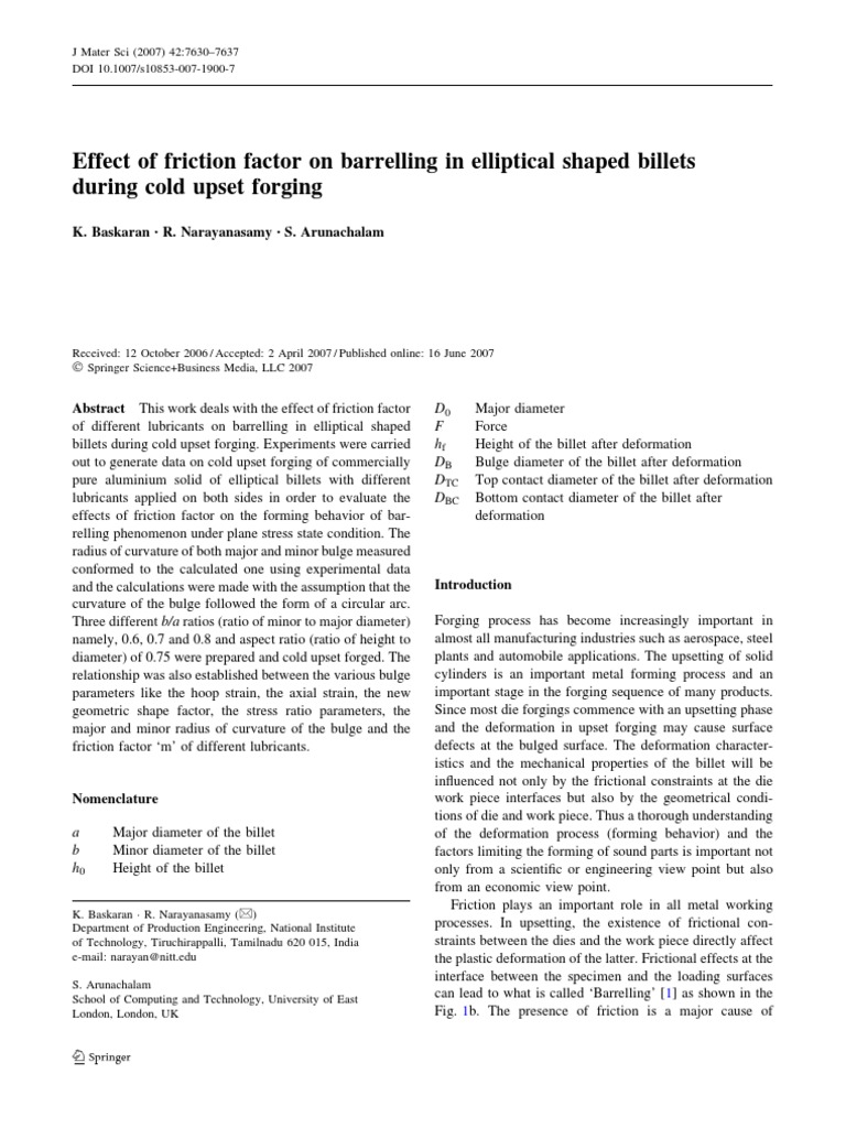 Effect of Friction Factor On Barrelling in Elliptical Shaped Billets ...
