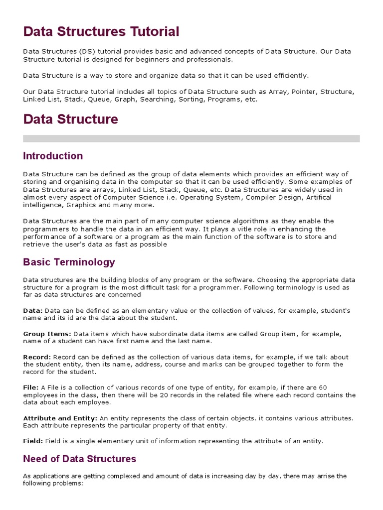 Data Structures Tutorial | PDF | Array Data Structure | Data Structure