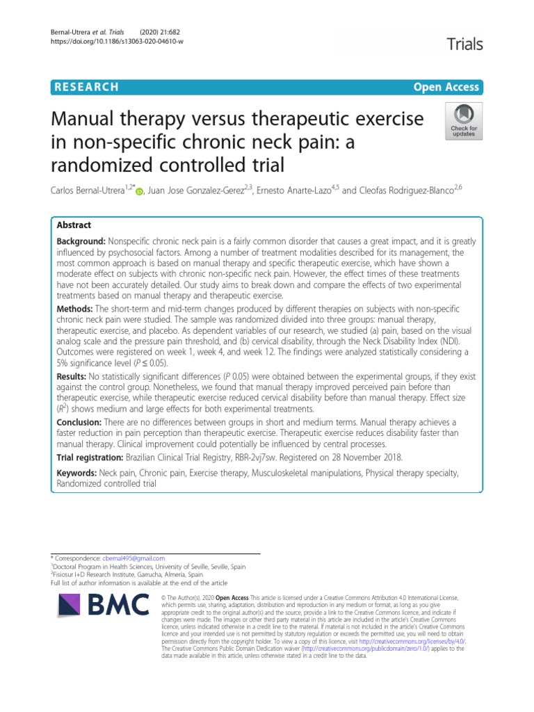 Manual Therapy Versus Therapeutic Exercise in NonSpecific Chronic Neck