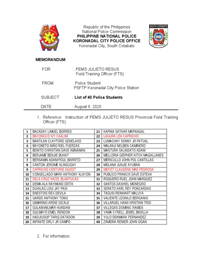 Koronadal Police Student List 2020 | PDF