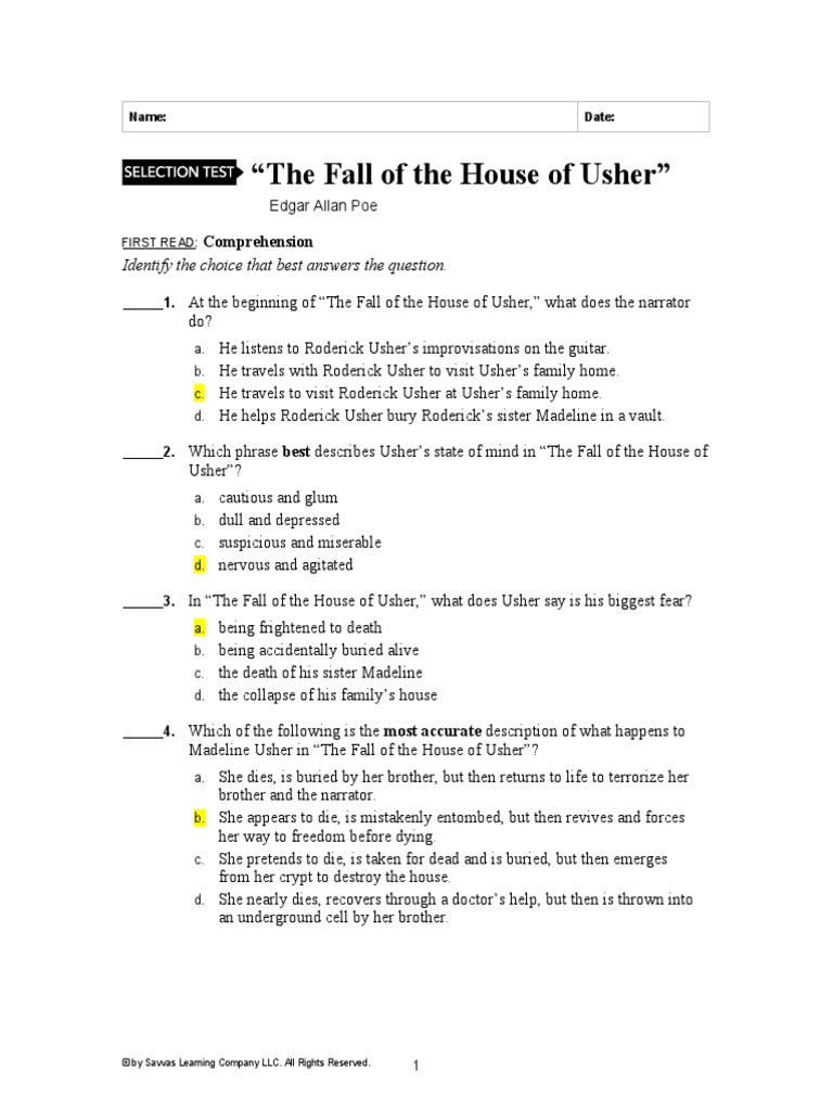 The House of Usher Quiz PDF