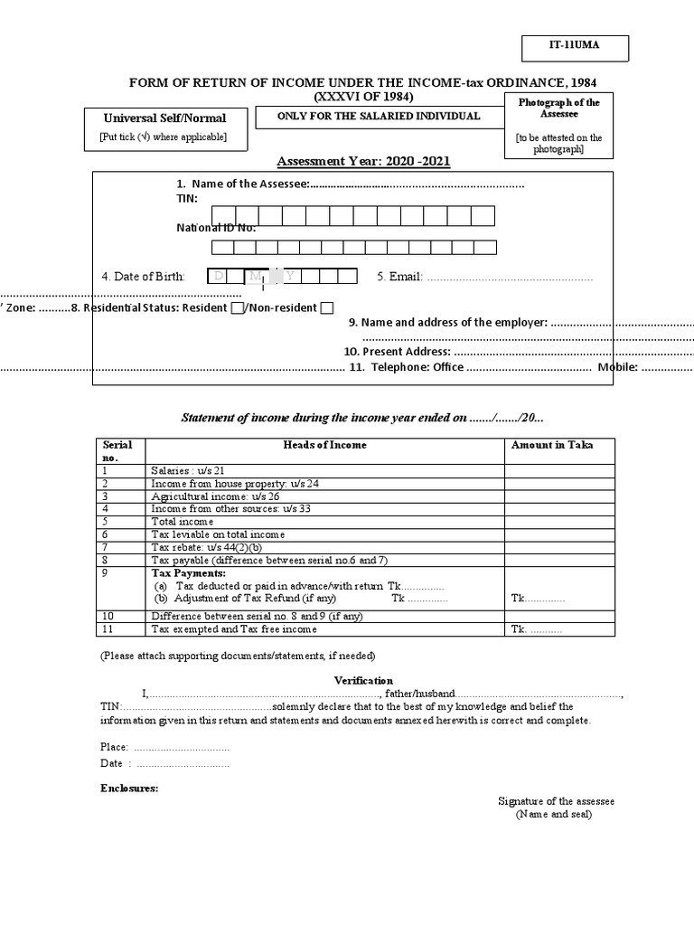 Assessment Year: 2020 - 2021: Form of Return of Income Under The Income ...