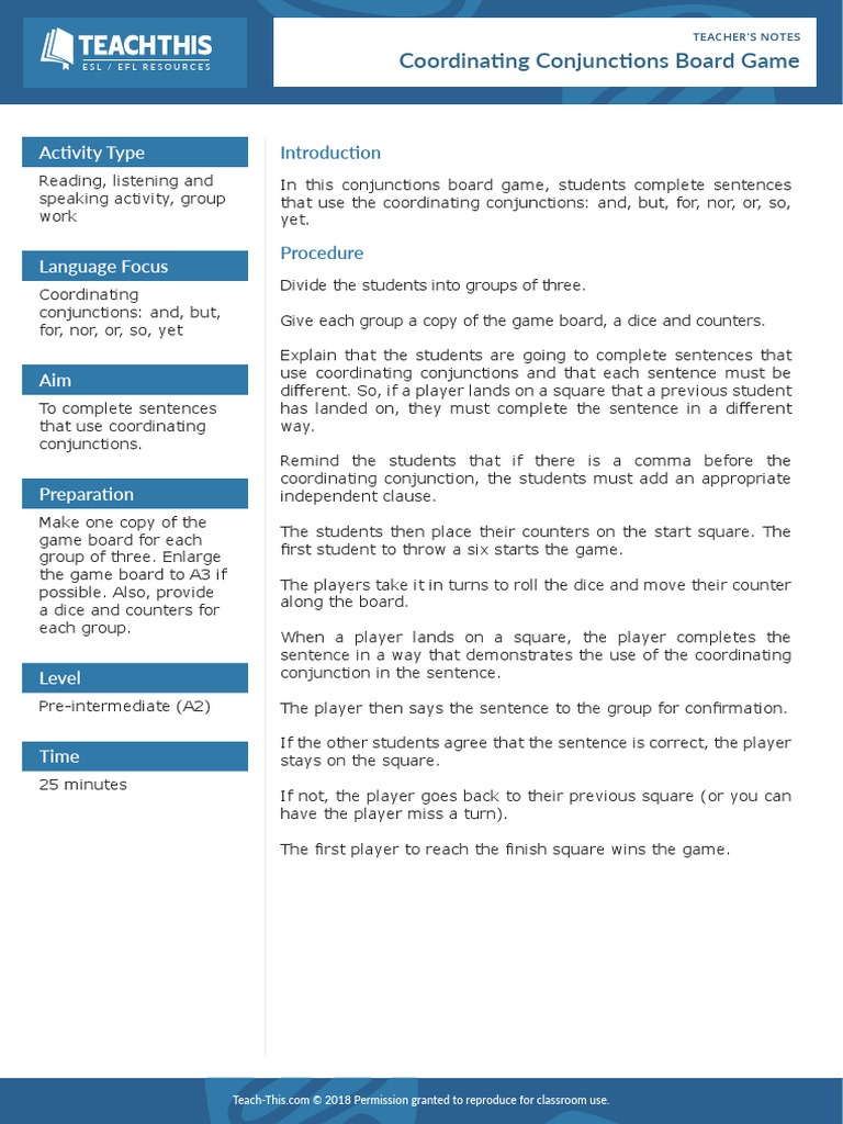 Coordinating Conjunctions Board Game 2 PDF | PDF | Sentence ...