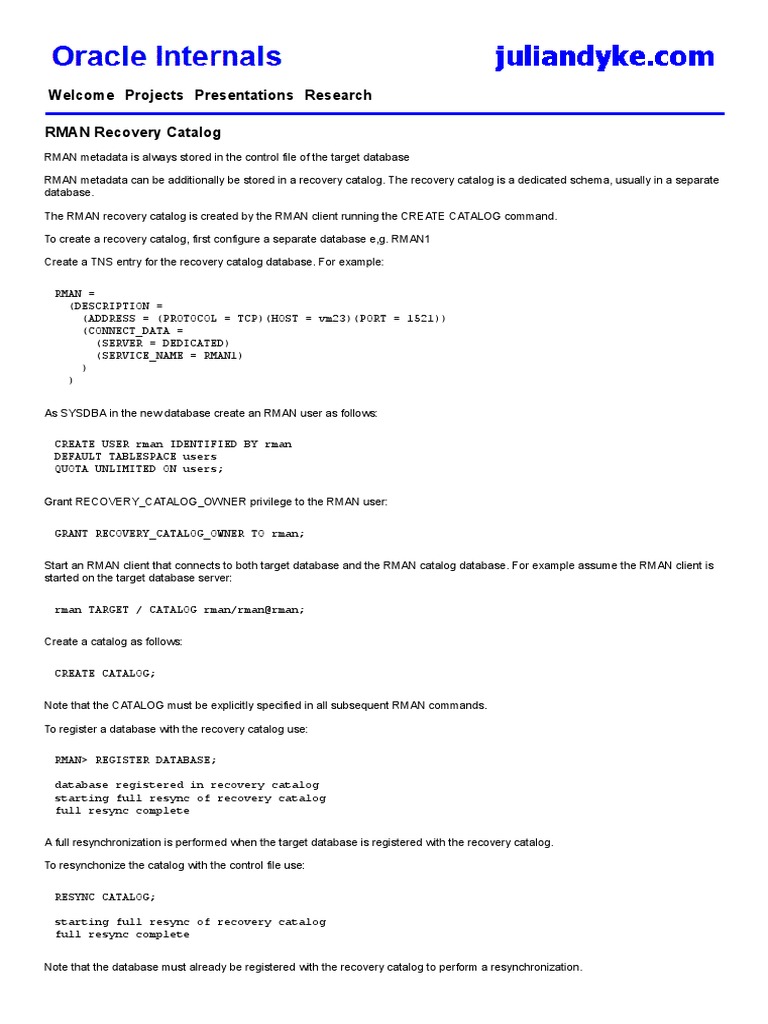RMAN Recovery Catalog PDF Network Architecture Databases