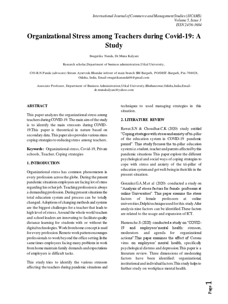 Organizational Stress Among Teachers During Covid-19: A Study | PDF ...