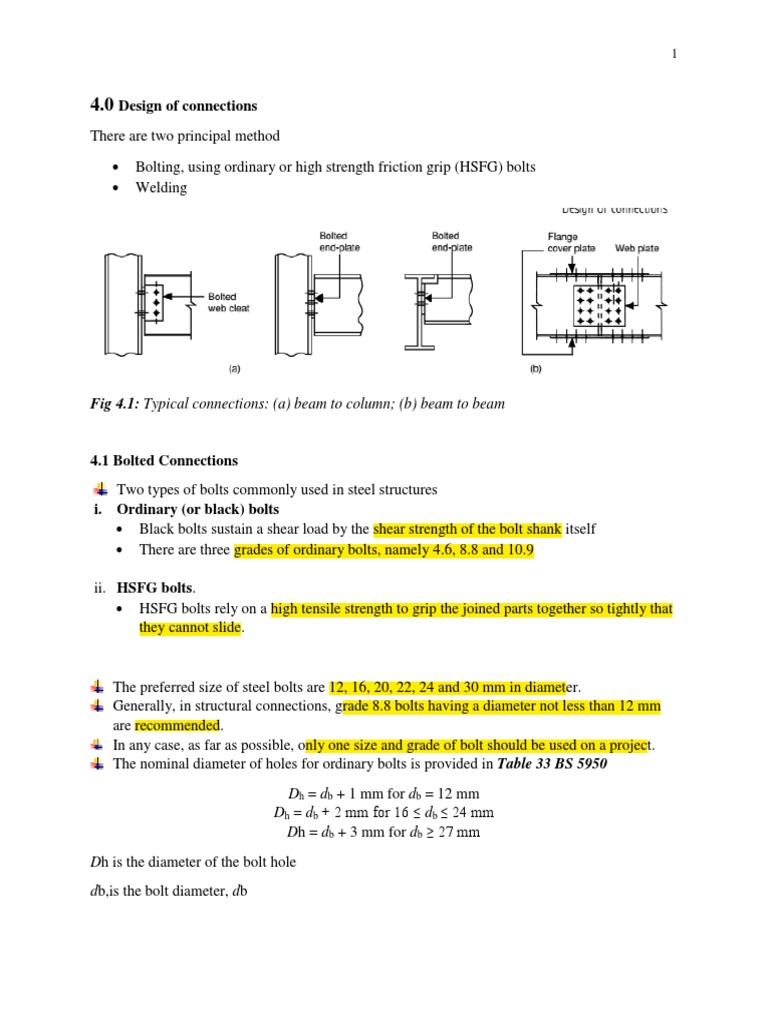 Design of Connections: Fig 4.1: Typical Connections: (A) Beam To Column (B)  Beam To Beam | PDF | Screw | Classical Mechanics
