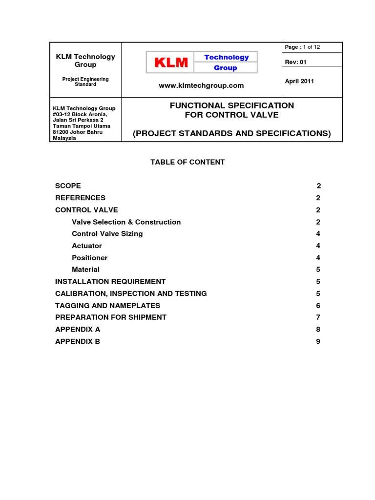Functional Specification For Control Valve (Project Standards and ...