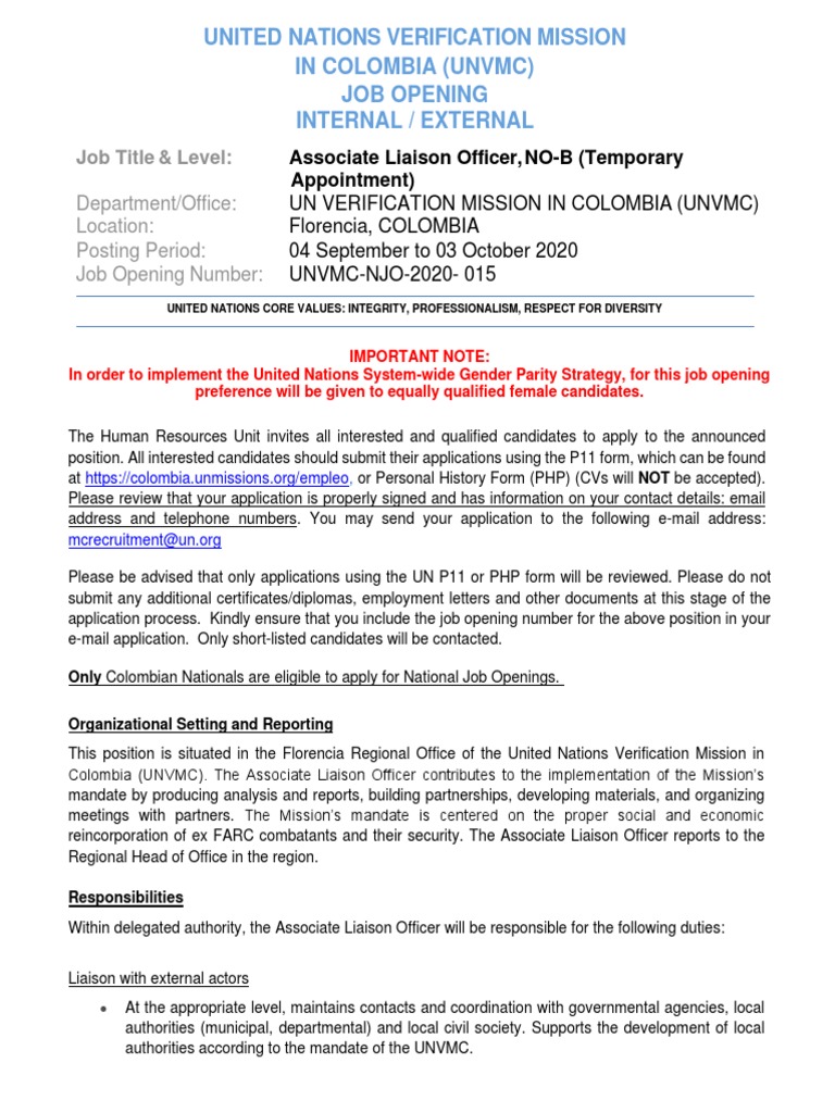 United Nations Verification Mission in Colombia (Unvmc) Job Opening ...