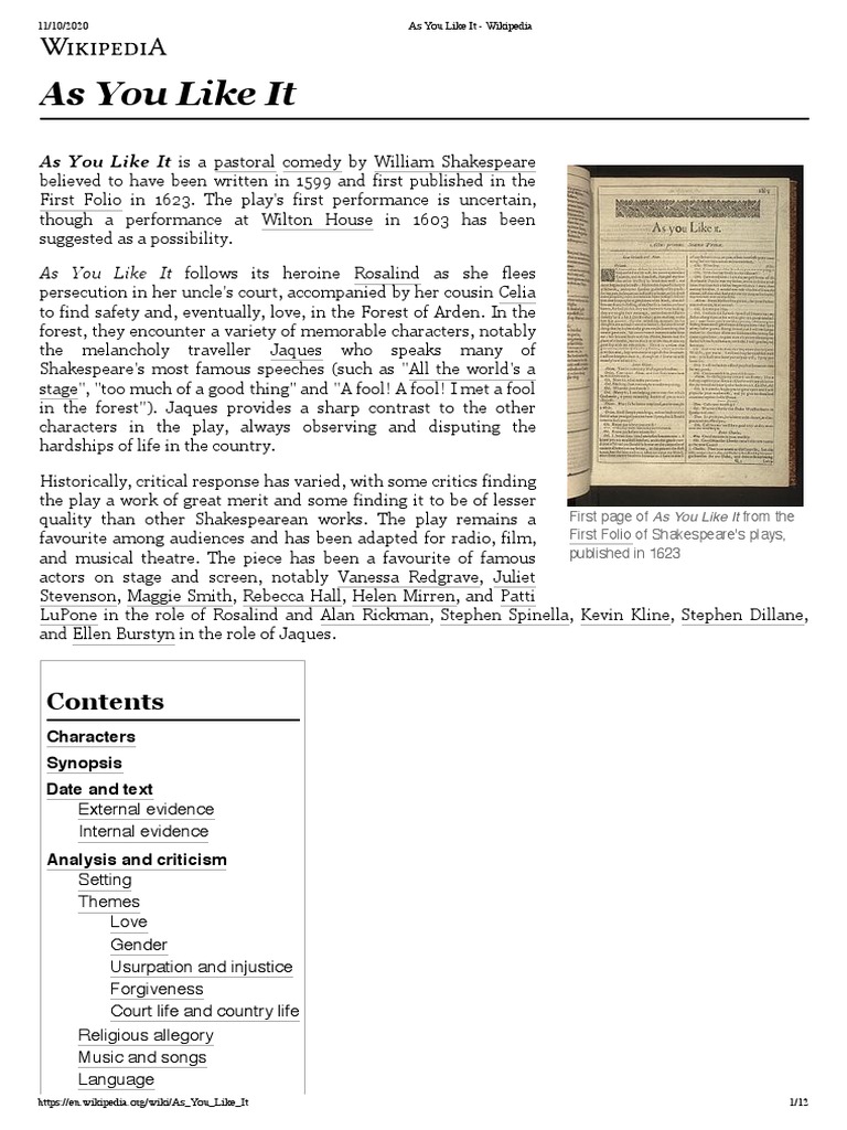 As You Like It - Wikipedia | PDF | As You Like It | Theatre