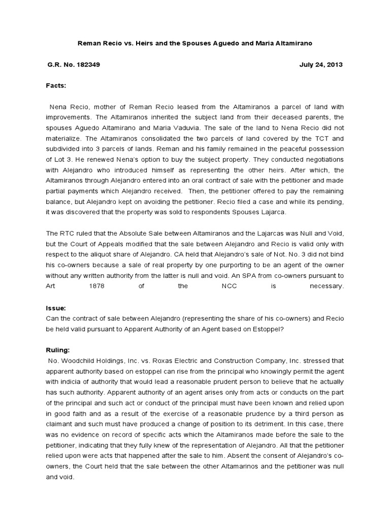 Reman Recio vs. Altamirano Heirs Case Summary | PDF | Business Law ...