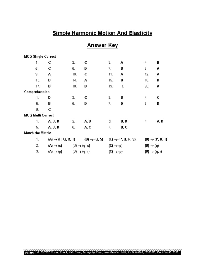 Simple Harmonic Motion and Elasticity Answer Key: Fiitjee | PDF