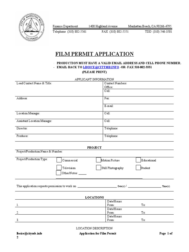 Film Permit Application PDF Fax