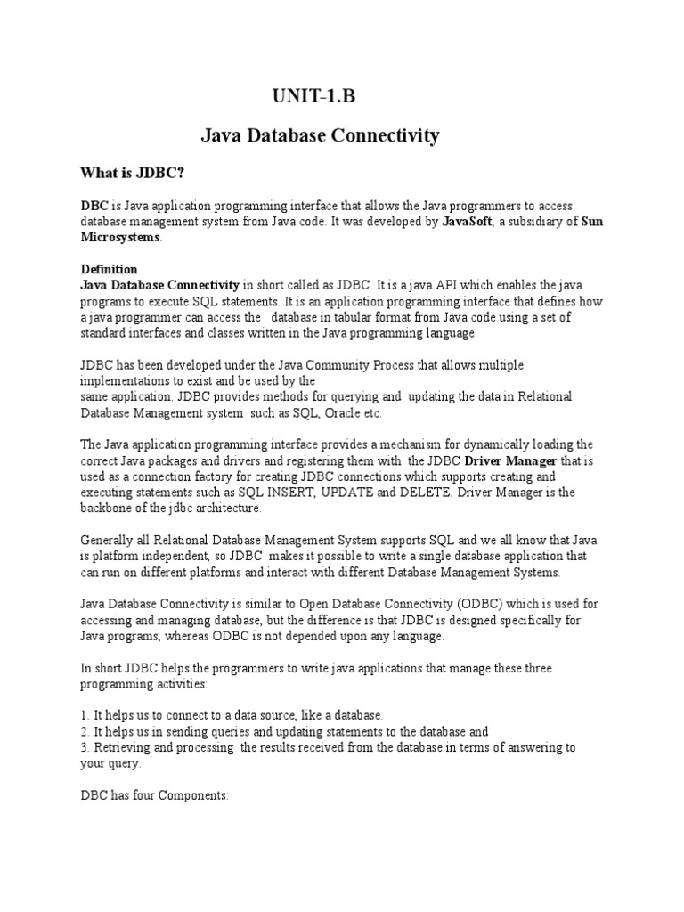UNIT-1.B Java Database Connectivity: What Is JDBC? | PDF | Databases ...