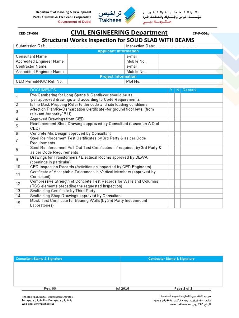 Solid Slab Inspection Checklists | PDF | Beam (Structure) | Concrete