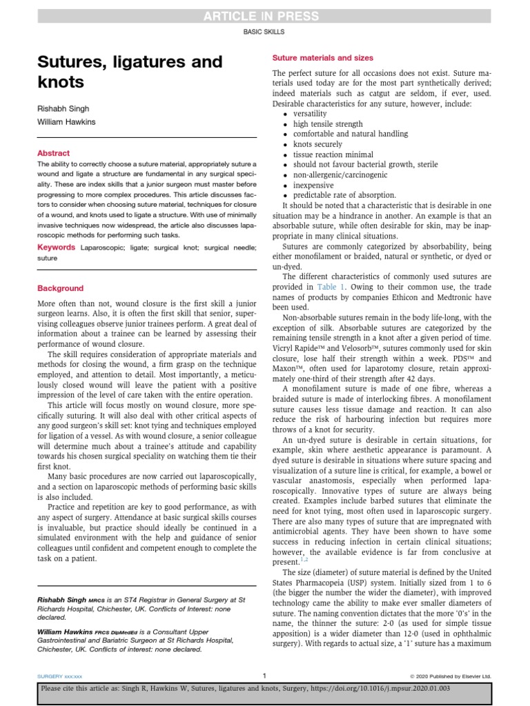 Sutures, Ligatures and Knots PDF PDF Surgical Suture Wound