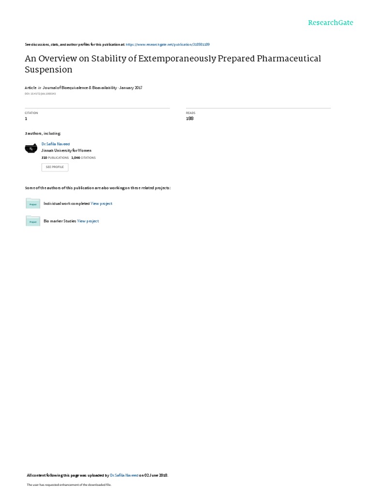 An Overview On Stability of Extemporaneously Prepared Pharmaceutical