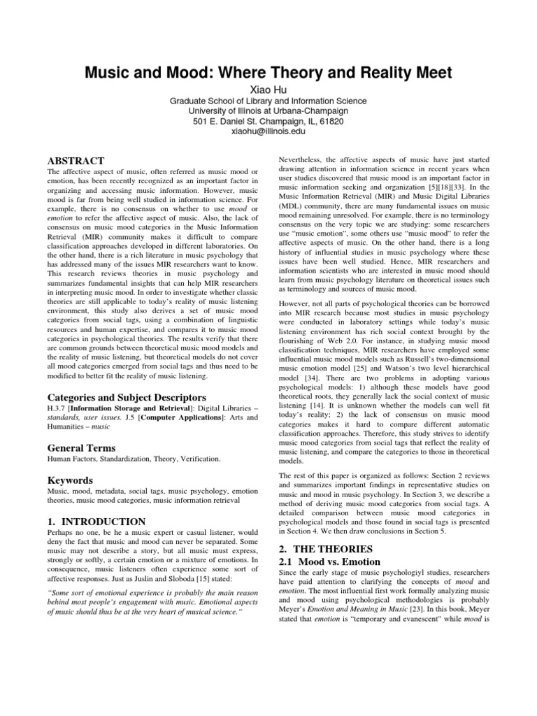 Music Mood: Theory Meets Reality | PDF | Mood (Psychology) | Mental Health