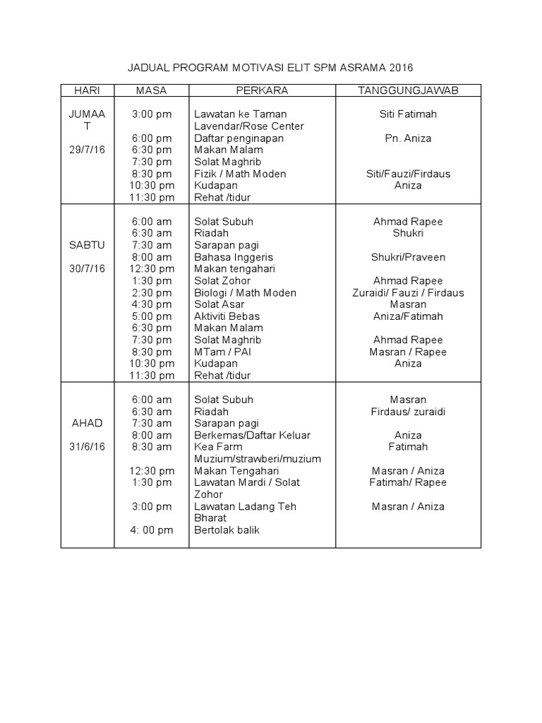 Jadual Program Motivasi Elit SPM Asrama 2016 | PDF | Memasak, Makanan ...