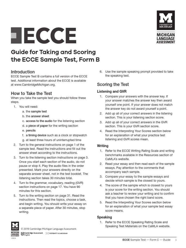 Guide For Taking and Scoring The ECCE Sample Test, Form B PDF Test