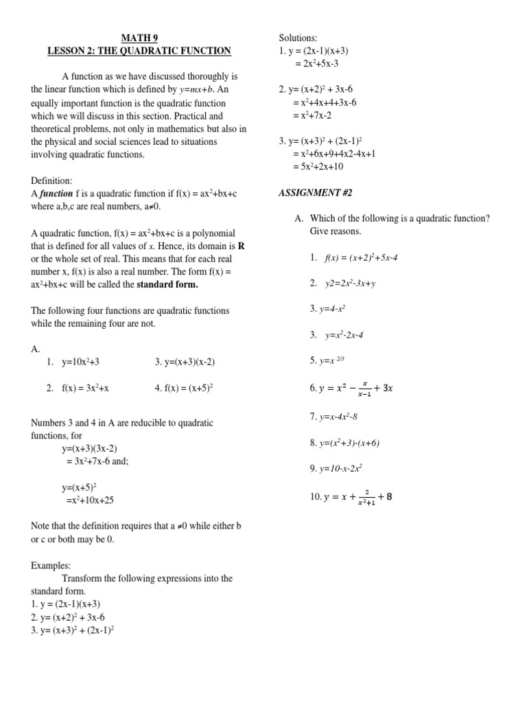 Grade 9 Lesson 2 21 Pdf Quadratic Equation Function Mathematics