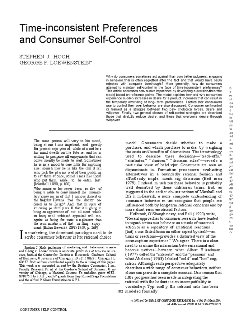 Time-Inconsistent Preferences: and Consumer Self-Control | PDF | Self ...