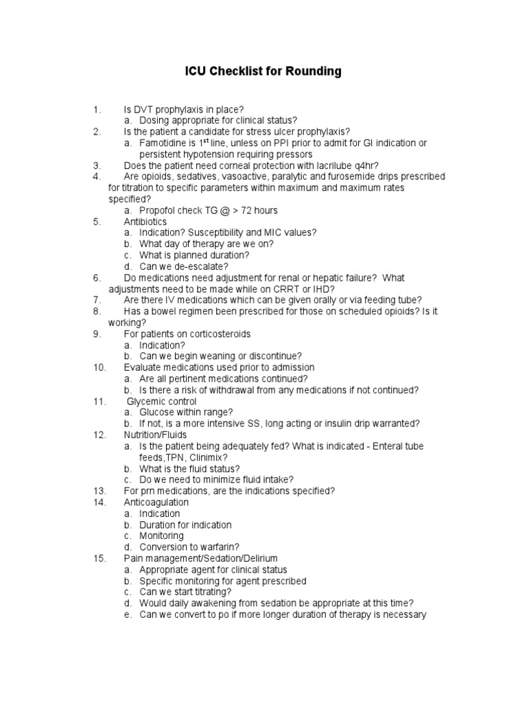 ICU Rounding Checklist for Patient Care | PDF