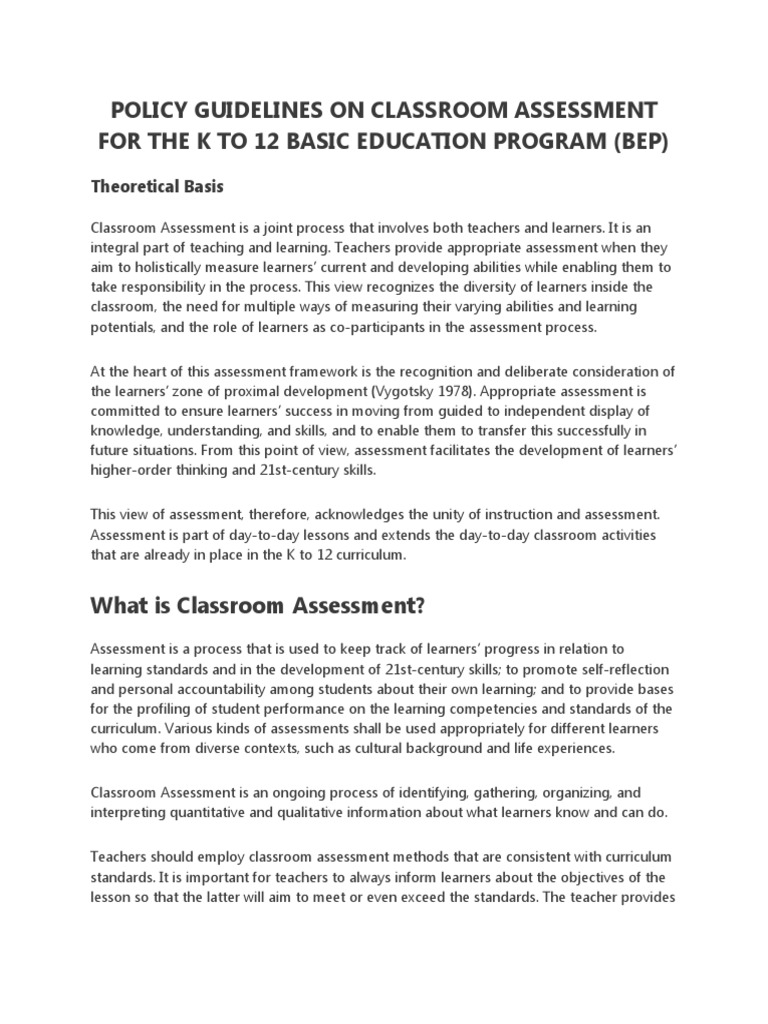 K-12 Classroom Assessment Guidelines | PDF | Educational Assessment ...