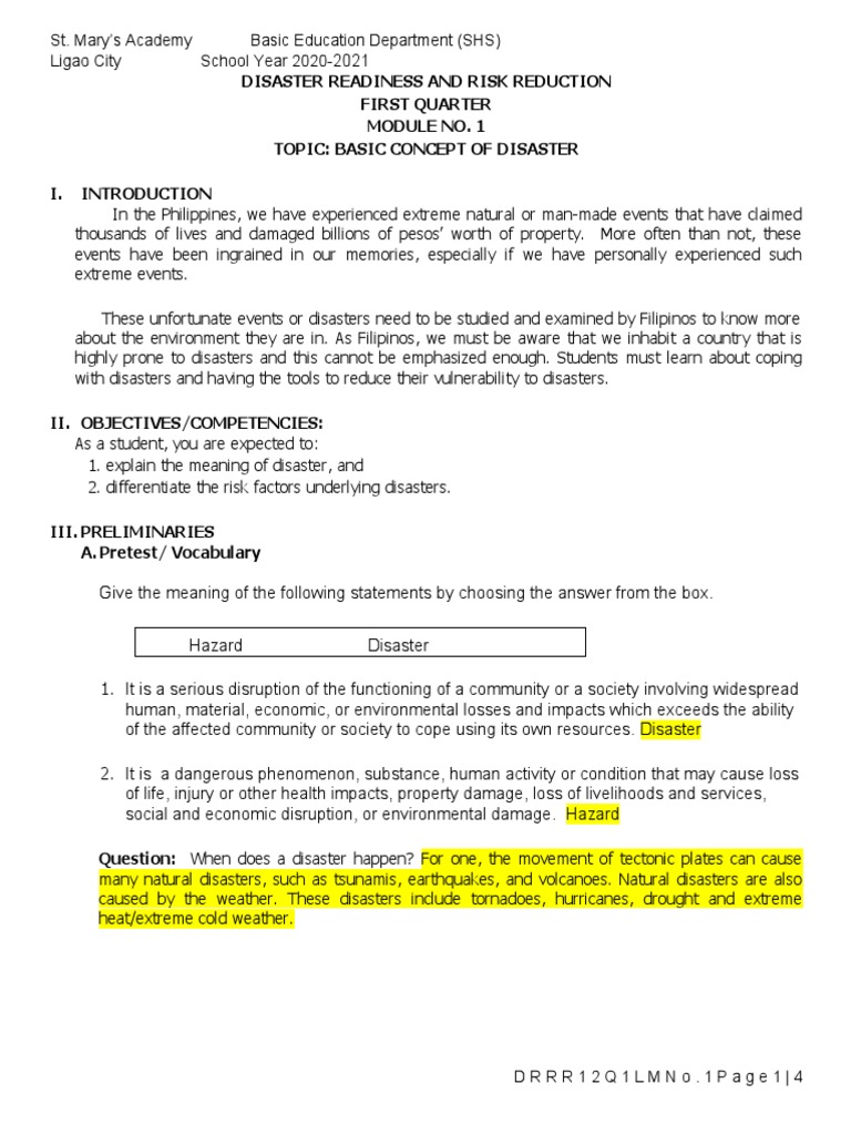Grade 12 DRR Module 1: Disaster Concepts | PDF | Natural Disasters ...