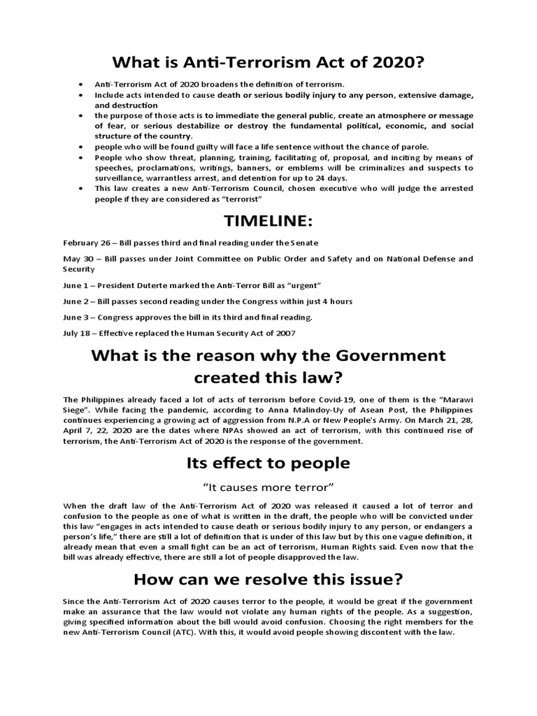 What Is Anti-Terrorism Act of 2020?: "It Causes More Terror" | PDF