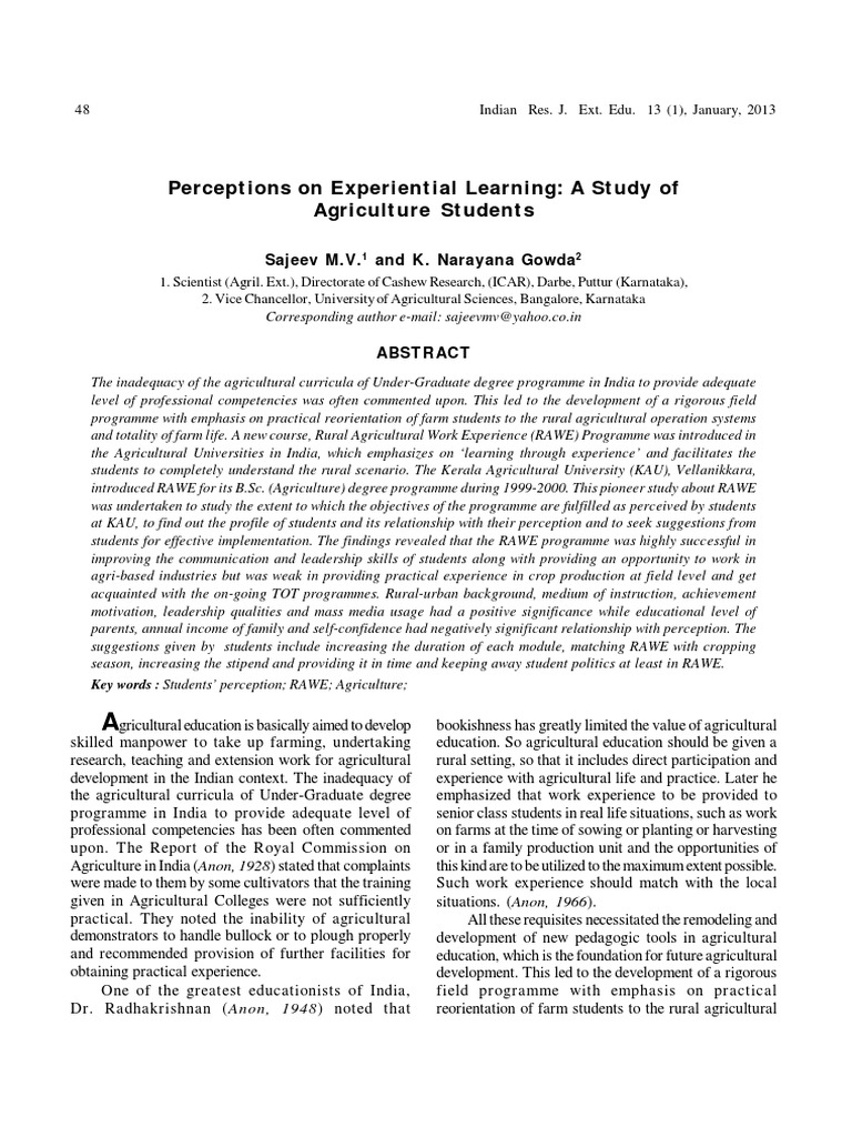 Perceptions On Experiential Learning: A Study of Agriculture Students ...