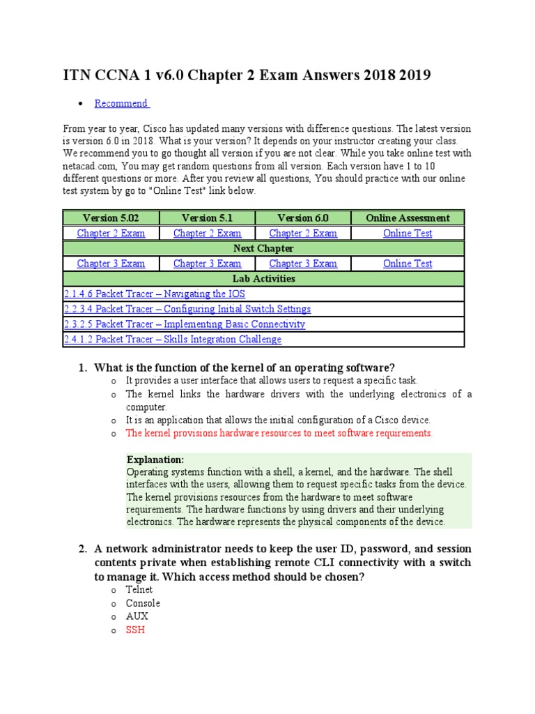 CCNA 1 v6.0 Chapter 2 Exam Answers | PDF | Network Switch | Ip Address