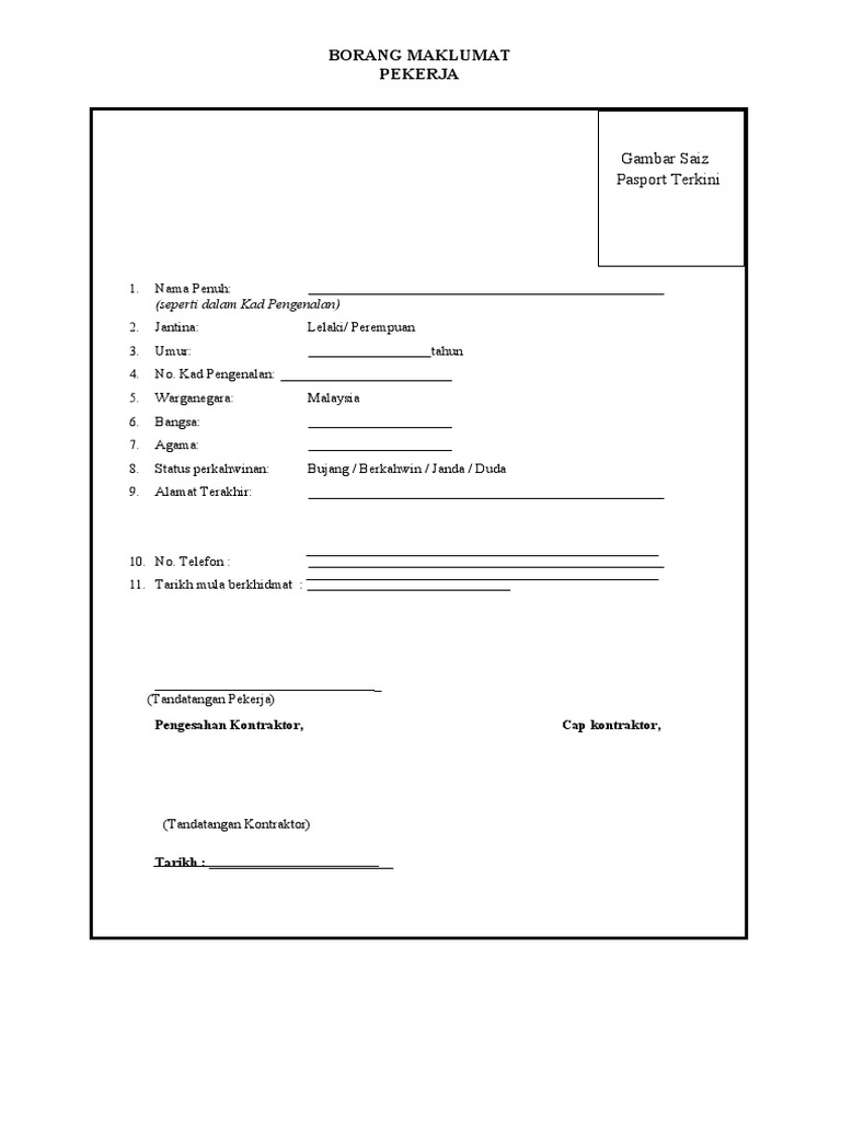 Contoh Borang Maklumat Pekerja Pdf