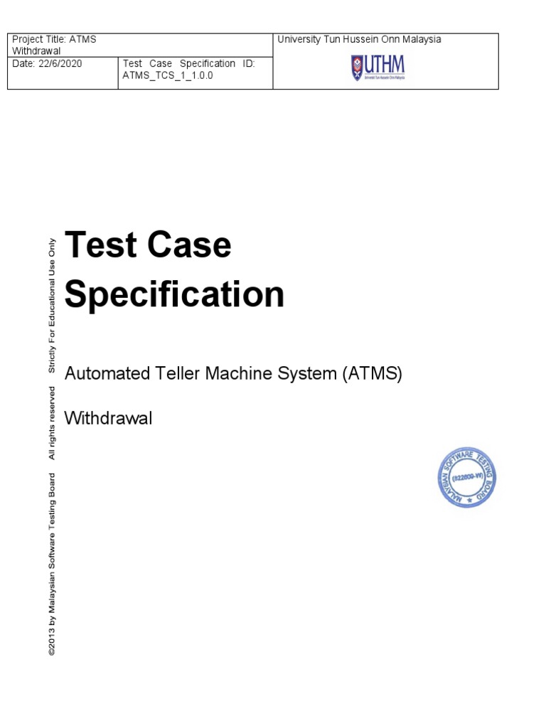 Test Case Specification 1.0.0aaaa | PDF | Automated Teller Machine ...
