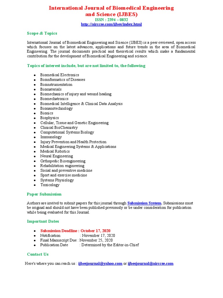 International Journal Of Biomedical Engineering And Science Ijbes Pdf