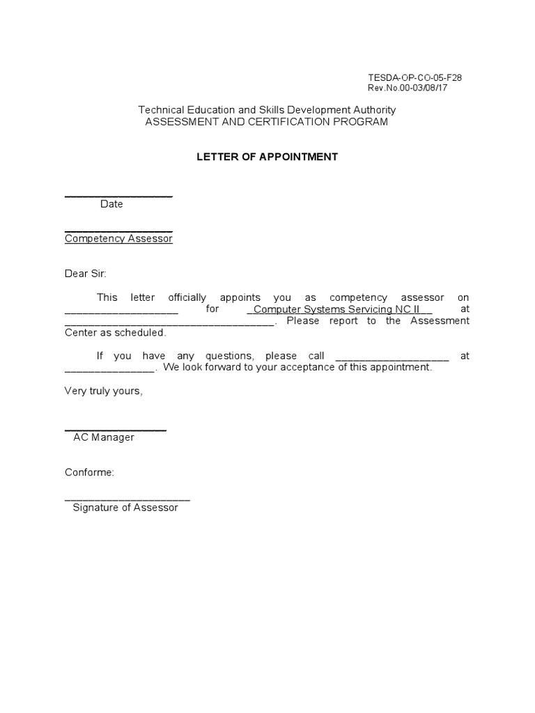 Appointment Letter for Competency Assessor | PDF
