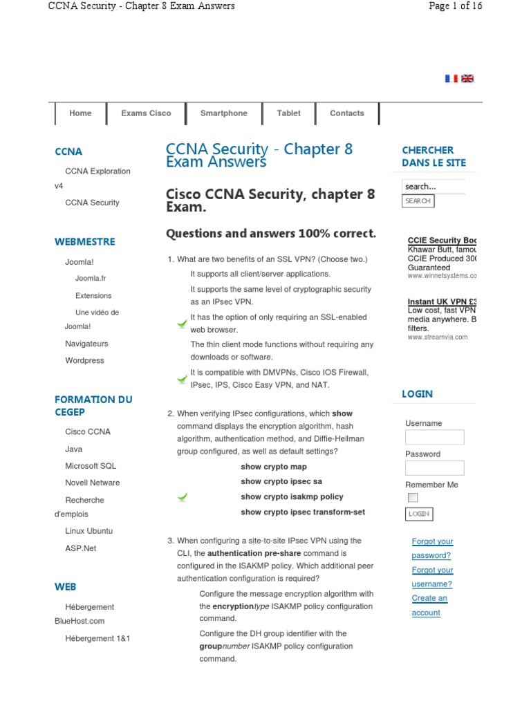 CCNA Security Chapter 8 Exam Answers | PDF | Virtual Private Network |  Transport Layer Security