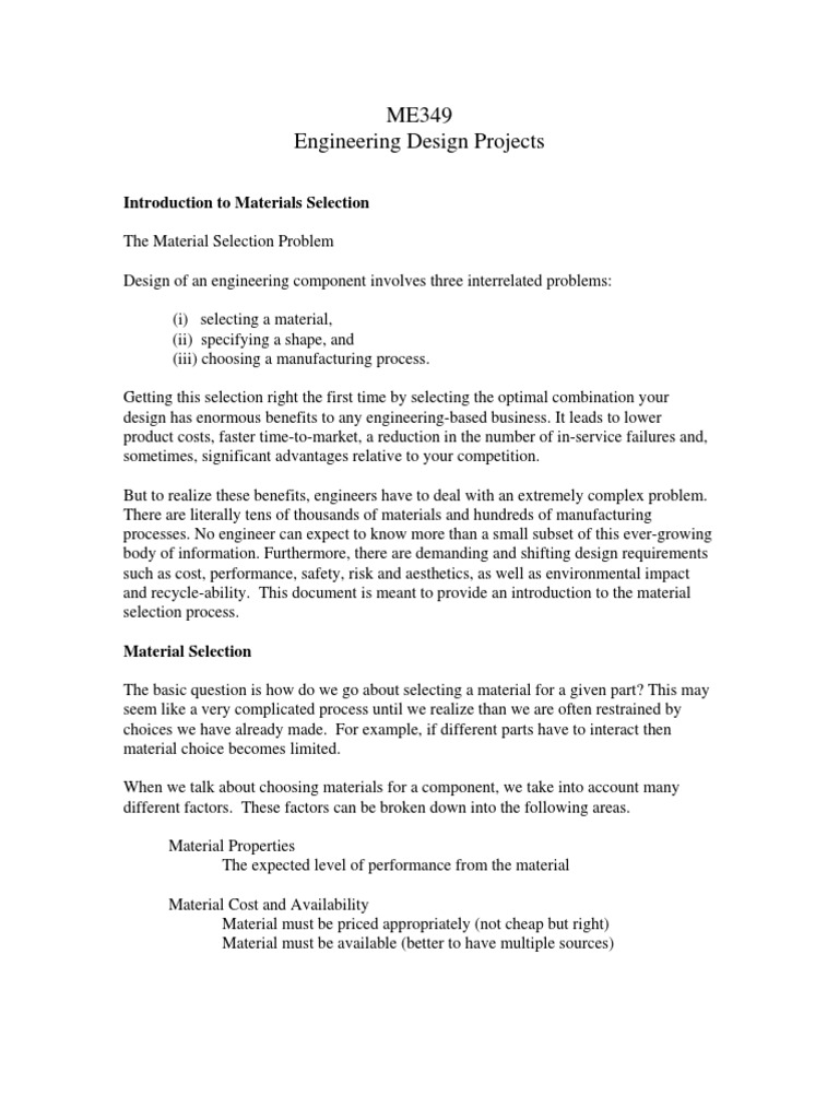 ME349 Engineering Design Projects: Introduction To Materials Selection ...