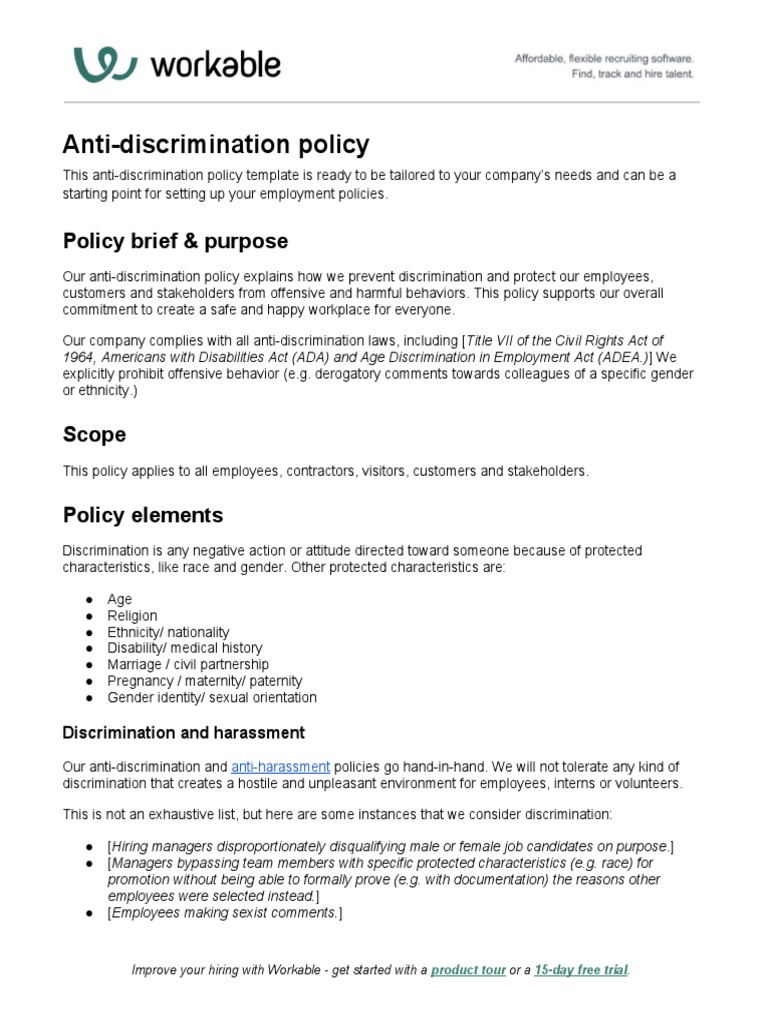 Anti-Discrimination Policy Template | PDF | Discrimination | Sexual ...