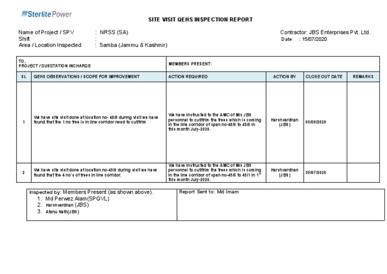 Site Inspection Observation Report On 15.07.20 | PDF