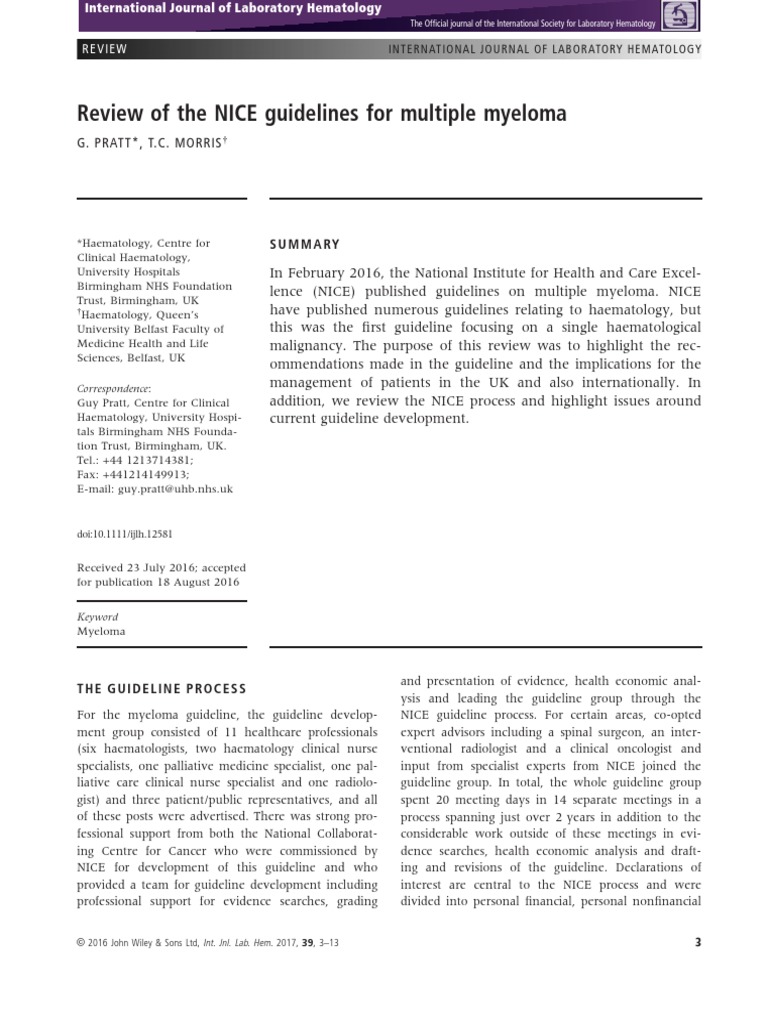 Review of The NICE Guidelines For Multiple Myeloma G. Pratt, T.C. Morris PDF Multiple
