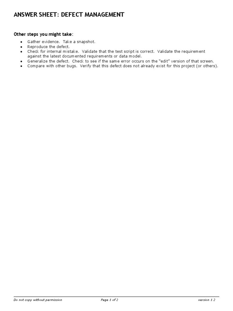 Answer Sheet: Defect Management: Other Steps You Might Take | PDF ...