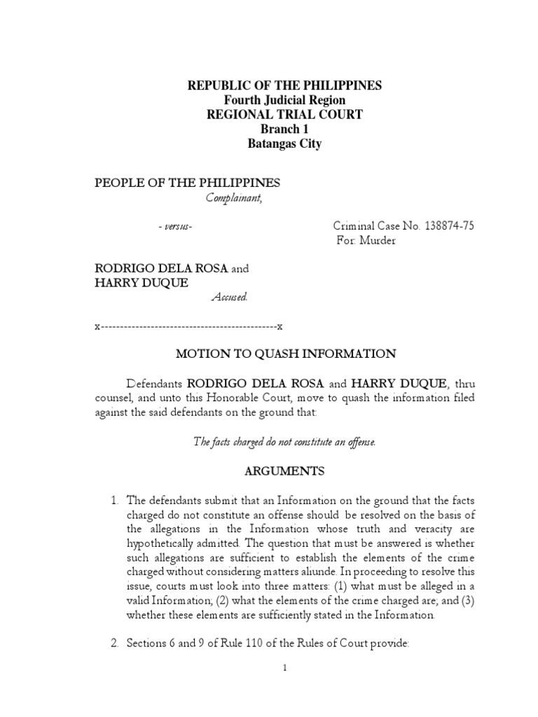Sample Motion To Quash Information PDF PDF Murder Crime & Violence