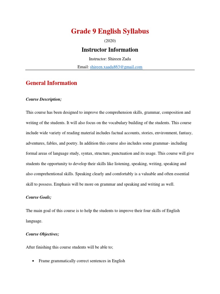 Grade 9 English Course Syllabus 2020 | PDF | Phrase | English Language
