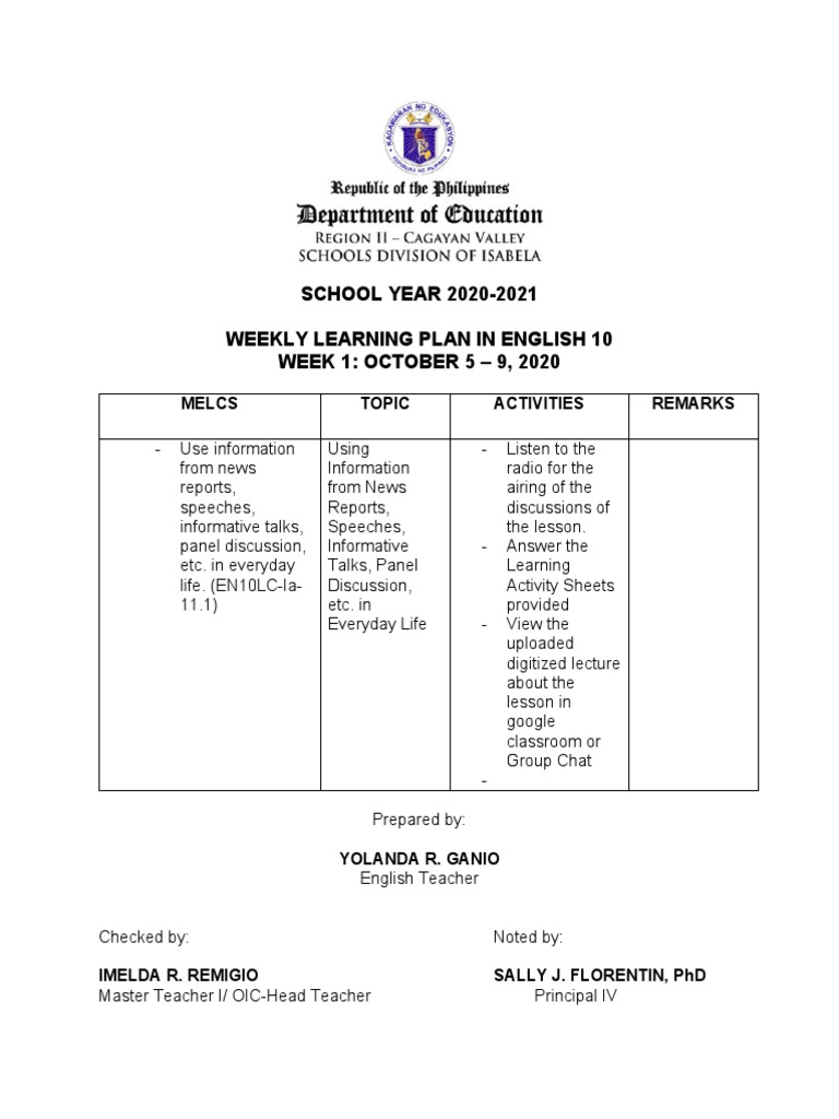 SCHOOL YEAR 2020-2021 Weekly Learning Plan in English 10 WEEK 1 ...