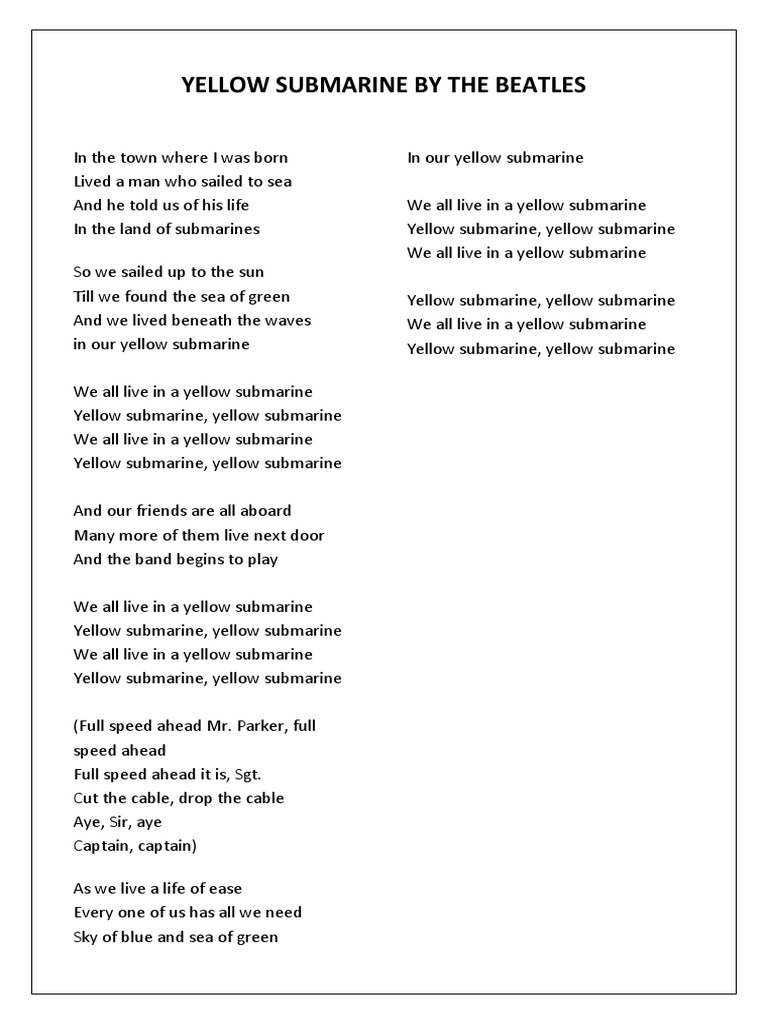 YELLOW SUBMARINE Lyrics PDF