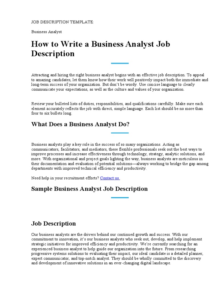 Business Analyst Job Description PDF Analytics Usability