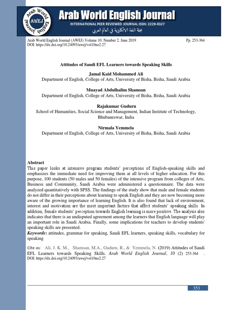 Saudi EFL Learners' Attitudes on Speaking | PDF | English As A Second ...