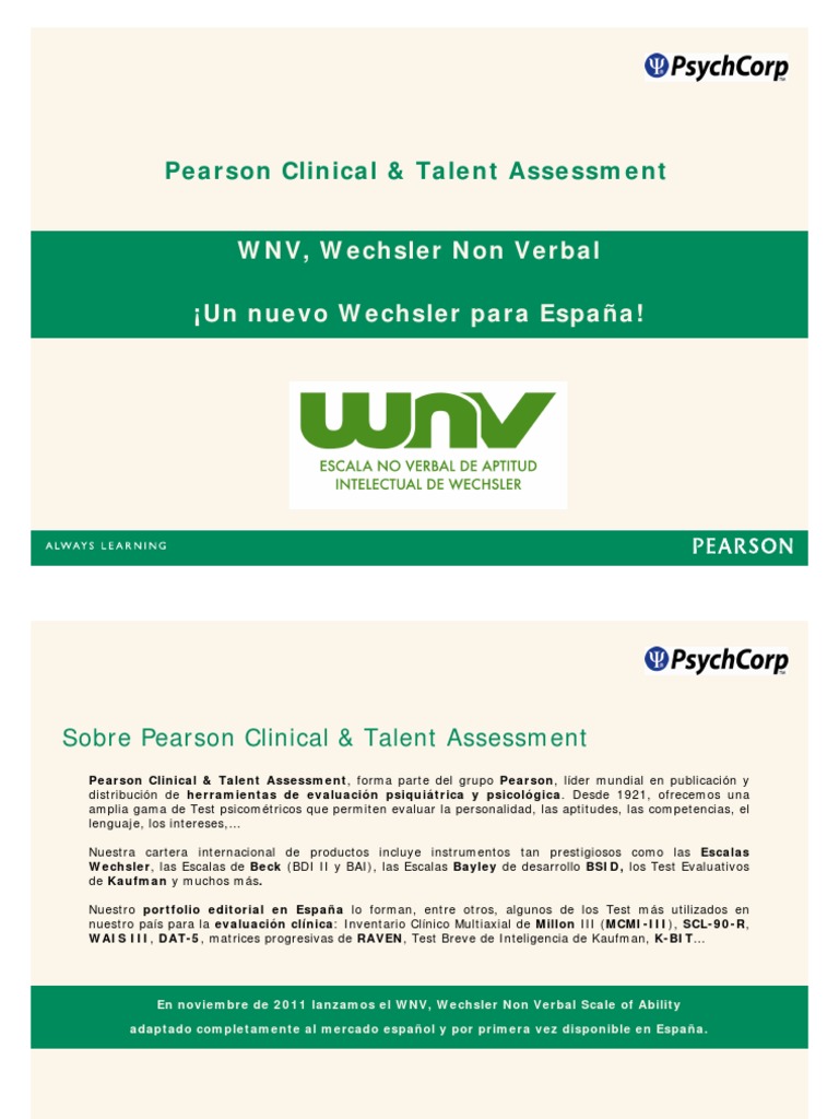 PearsonClinical WNV WechslerNonVerbal | PDF | Escala de inteligencia ...